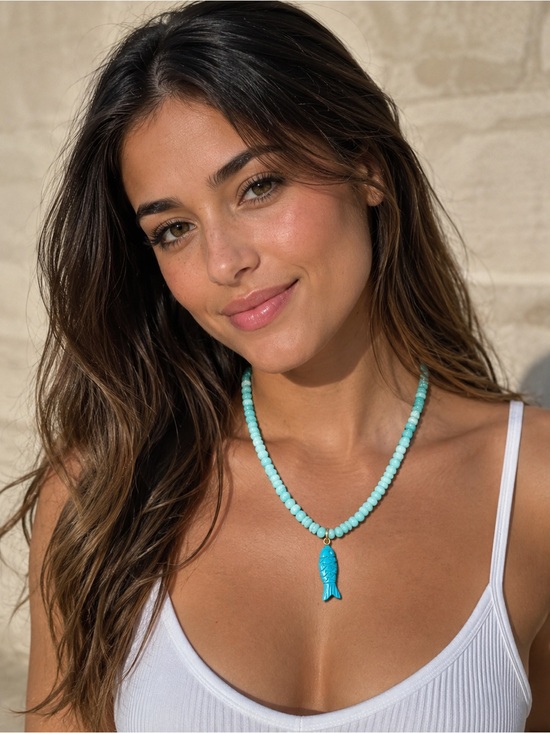Mayamar Jewelry - Turquoise Bead Necklace with Fish Pendant - Women Jewelry